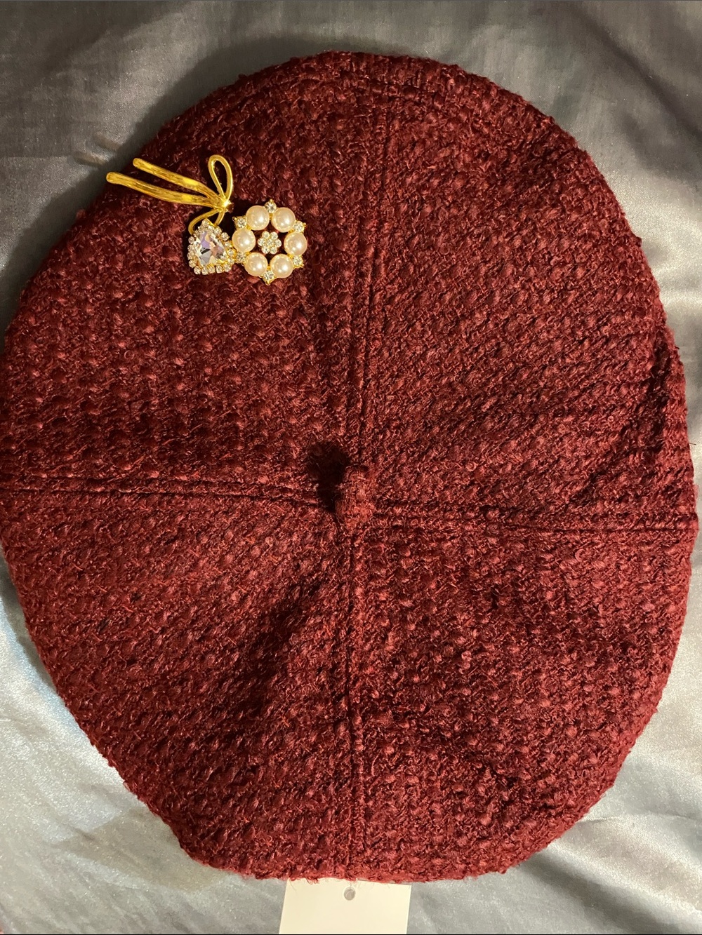 Burgundy Beret with Gold-Tone Charms